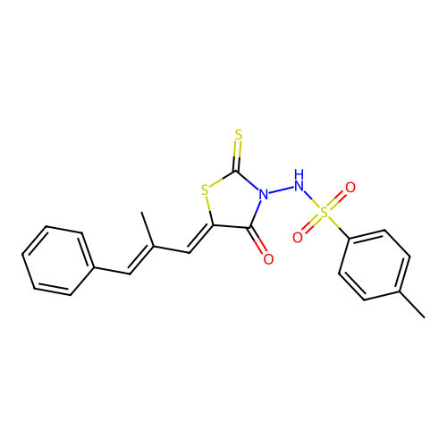4-methyl-N-[(5Z)-5-[(E)-2-methyl-3-phenylprop-2-enylidene]-4-oxo-2-sulfanylidene-1,3-thiazolidin-3-yl]benzenesulfonamide structure