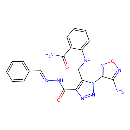 (E)-2-(((1-(4-amino-1,2,5-oxadiazol-3-yl)-4-(2-benzylidenehydrazinecarbonyl)-1H-1,2,3-triazol-5-yl)methyl)amino)benzamide structure