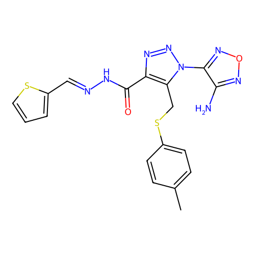 (E)-1-(4-amino-1,2,5-oxadiazol-3-yl)-N'-(thiophen-2-ylmethylene)-5-((p-tolylthio)methyl)-1H-1,2,3-triazole-4-carbohydrazide structure