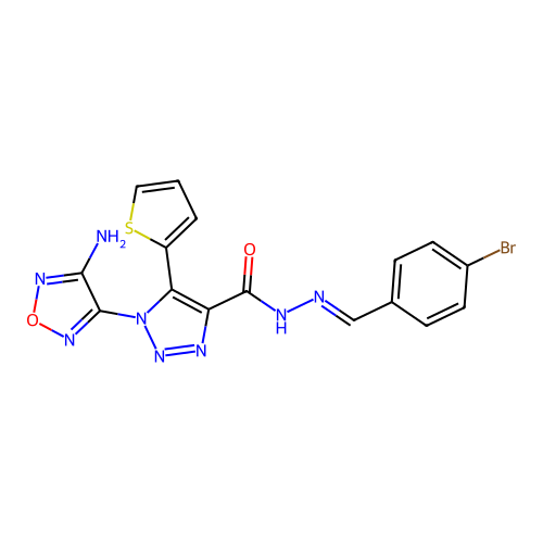 (E)-1-(4-amino-1,2,5-oxadiazol-3-yl)-N'-(4-bromobenzylidene)-5-(thiophen-2-yl)-1H-1,2,3-triazole-4-carbohydrazide structure
