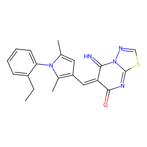 (E)-6-((1-(2-ethylphenyl)-2,5-dimethyl-1H-pyrrol-3-yl)methylene)-5-imino-5H-[1,3,4]thiadiazolo[3,2-a]pyrimidin-7(6H)-one structure