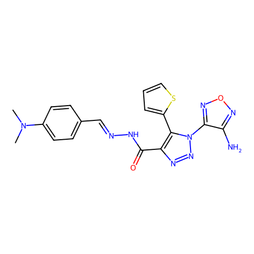 (E)-1-(4-amino-1,2,5-oxadiazol-3-yl)-N'-(4-(dimethylamino)benzylidene)-5-(thiophen-2-yl)-1H-1,2,3-triazole-4-carbohydrazide structure