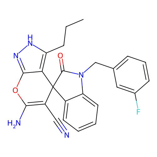 6'-amino-1-(3-fluorobenzyl)-2-oxo-3'-propyl-1,2-dihydro-1'H-spiro[indole-3,4'-pyrano[2,3-c]pyrazole]-5'-carbonitrile structure