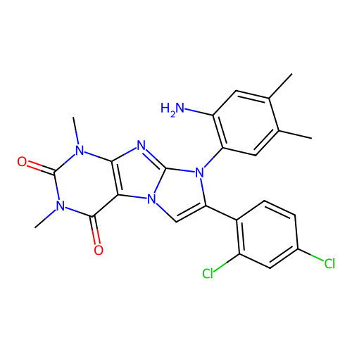 8-(2-amino-4,5-dimethylphenyl)-7-(2,4-dichlorophenyl)-1,3-dimethyl-1H-imidazo[2,1-f]purine-2,4(3H,8H)-dione structure