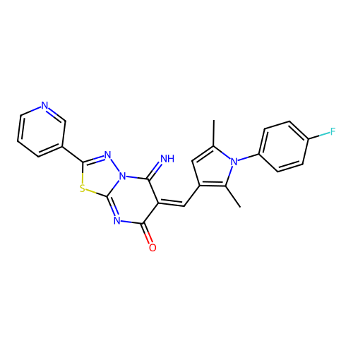 (E)-6-((1-(4-fluorophenyl)-2,5-dimethyl-1H-pyrrol-3-yl)methylene)-5-imino-2-(pyridin-3-yl)-5H-[1,3,4]thiadiazolo[3,2-a]pyrimidin-7(6H)-one structure