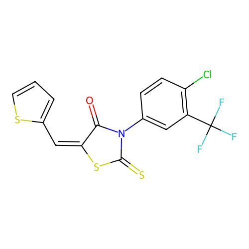 (5E)-3-[4-chloro-3-(trifluoromethyl)phenyl]-2-sulfanylidene-5-(thiophen-2-ylmethylidene)-1,3-thiazolidin-4-one structure