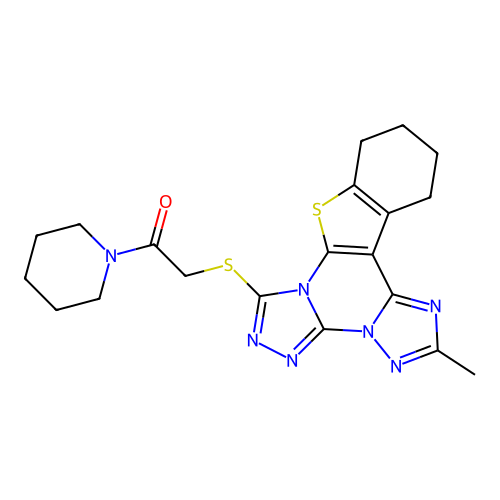 2-((2-methyl-10,11,12,13-tetrahydrobenzo[4,5]thieno[3,2-e]bis([1,2,4]triazolo)[4,3-a:1',5'-c]pyrimidin-7-yl)thio)-1-(piperidin-1-yl)ethanone structure