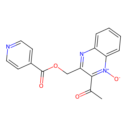 2-Acetyl-3-((isonicotinoyloxy)methyl)quinoxaline 1-oxide structure