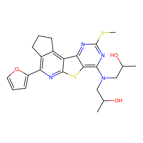 1,1'-((4-(furan-2-yl)-9-(methylthio)-2,3-dihydro-1H-cyclopenta[4',5']pyrido[3',2':4,5]thieno[3,2-d]pyrimidin-7-yl)azanediyl)bis(propan-2-ol) structure