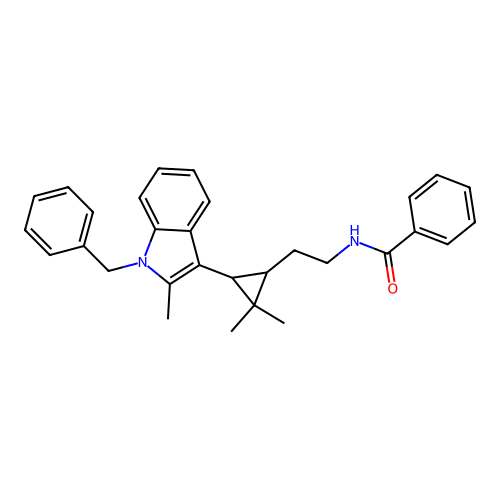 N-(2-(3-(1-benzyl-2-methyl-1H-indol-3-yl)-2,2-dimethylcyclopropyl)ethyl)benzamide structure