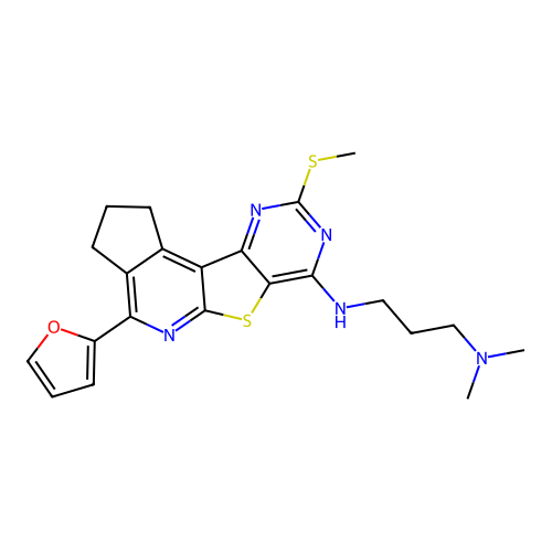 N'-[4-(furan-2-yl)-9-(methylsulfanyl)-2,3-dihydro-1H-cyclopenta[4',5']pyrido[3',2':4,5]thieno[3,2-d]pyrimidin-7-yl]-N,N-dimethylpropane-1,3-diamine structure