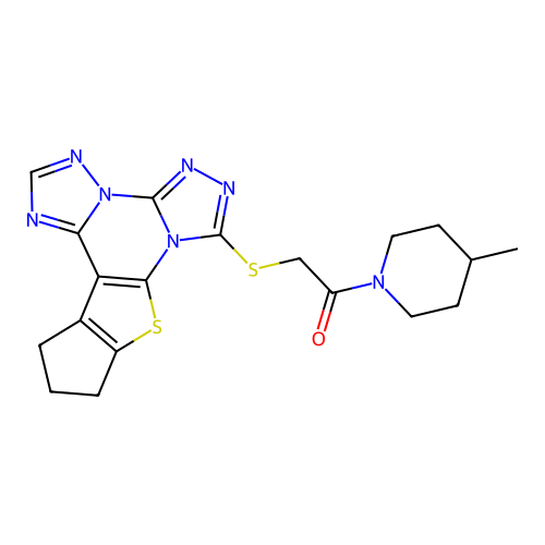 2-((11,12-dihydro-10H-cyclopenta[4,5]thieno[3,2-e]bis([1,2,4]triazolo)[4,3-a:1',5'-c]pyrimidin-7-yl)thio)-1-(4-methylpiperidin-1-yl)ethanone structure