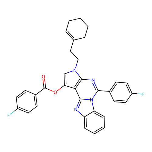 3-(2-(cyclohex-1-en-1-yl)ethyl)-5-(4-fluorophenyl)-3H-benzo[4,5]imidazo[1,2-c]pyrrolo[3,2-e]pyrimidin-1-yl 4-fluorobenzoate structure