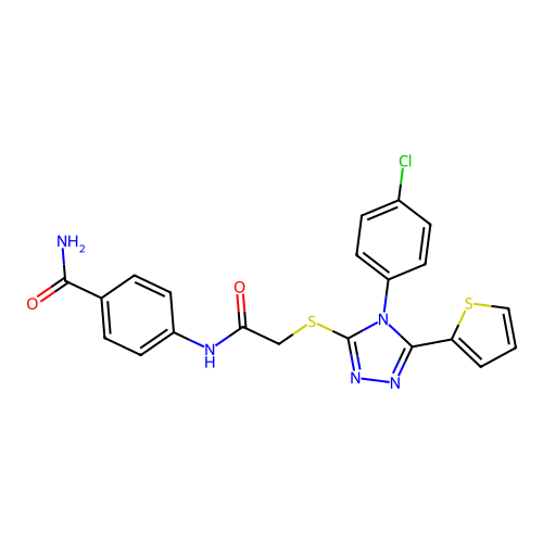 4-[({[4-(4-chlorophenyl)-5-(thiophen-2-yl)-4H-1,2,4-triazol-3-yl]sulfanyl}acetyl)amino]benzamide structure