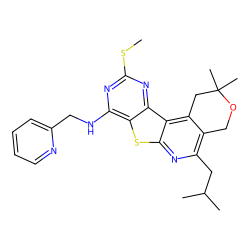 2,2-dimethyl-5-(2-methylpropyl)-10-(methylsulfanyl)-N-(pyridin-2-ylmethyl)-1,4-dihydro-2H-pyrano[4'',3'':4',5']pyrido[3',2':4,5]thieno[3,2-d]pyrimidin-8-amine structure