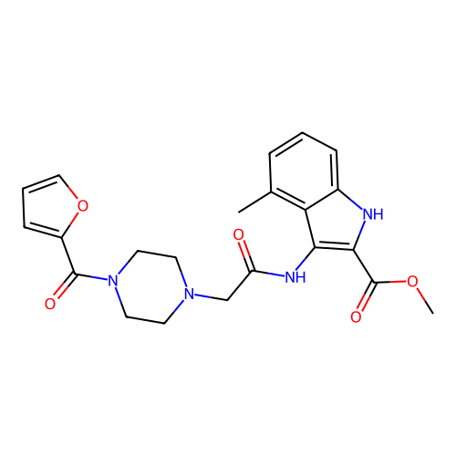methyl 3-({[4-(furan-2-ylcarbonyl)piperazin-1-yl]acetyl}amino)-4-methyl-1H-indole-2-carboxylate structure