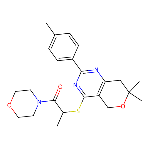 2-((7,7-dimethyl-2-(p-tolyl)-7,8-dihydro-5H-pyrano[4,3-d]pyrimidin-4-yl)thio)-1-morpholinopropan-1-one structure