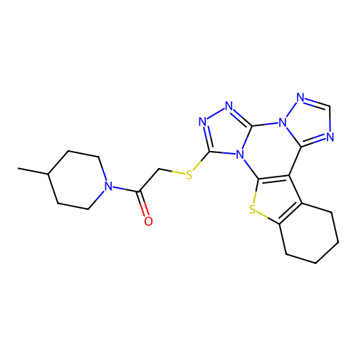 1-(4-methylpiperidin-1-yl)-2-((10,11,12,13-tetrahydrobenzo[4,5]thieno[3,2-e]bis([1,2,4]triazolo)[4,3-a:1',5'-c]pyrimidin-7-yl)thio)ethanone structure