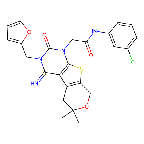 N-(3-chlorophenyl)-2-(3-(furan-2-ylmethyl)-4-imino-6,6-dimethyl-2-oxo-2,3,4,5,6,8-hexahydro-1H-pyrano[4',3':4,5]thieno[2,3-d]pyrimidin-1-yl)acetamide structure