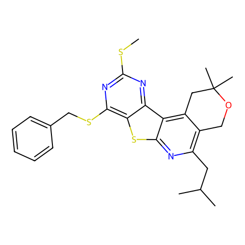 8-(benzylsulfanyl)-2,2-dimethyl-5-(2-methylpropyl)-10-(methylsulfanyl)-1,4-dihydro-2H-pyrano[4'',3'':4',5']pyrido[3',2':4,5]thieno[3,2-d]pyrimidine structure