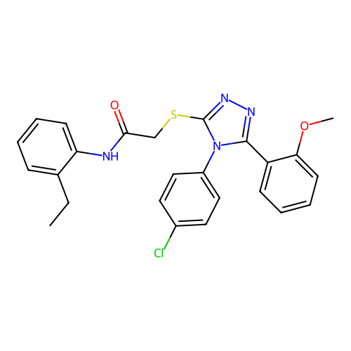 2-[[4-(4-chlorophenyl)-5-(2-methoxyphenyl)-1,2,4-triazol-3-yl]sulfanyl]-N-(2-ethylphenyl)acetamide structure