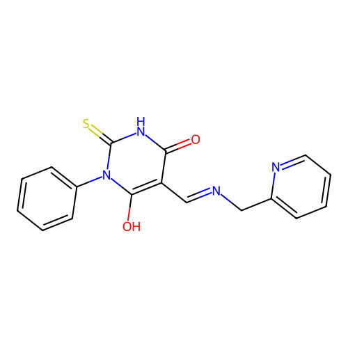 1-phenyl-5-[(pyridin-2-ylmethylamino)methylidene]-2-sulfanylidene-1,3-diazinane-4,6-dione structure