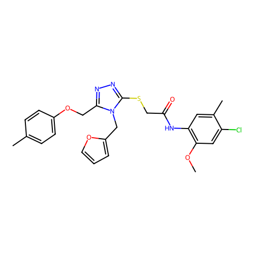 N-(4-chloro-2-methoxy-5-methylphenyl)-2-((4-(furan-2-ylmethyl)-5-((p-tolyloxy)methyl)-4H-1,2,4-triazol-3-yl)thio)acetamide structure