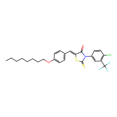 (Z)-3-(4-chloro-3-(trifluoromethyl)phenyl)-5-(4-(octyloxy)benzylidene)-2-thioxothiazolidin-4-one structure