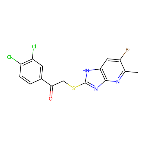2-[(6-bromo-5-methyl-1H-imidazo[4,5-b]pyridin-2-yl)sulfanyl]-1-(3,4-dichlorophenyl)ethanone structure