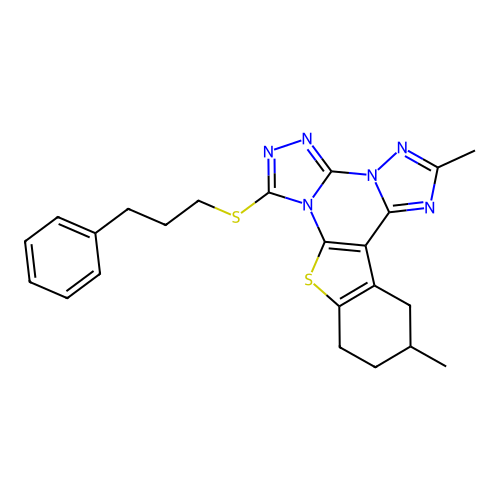 2,12-dimethyl-7-((3-phenylpropyl)thio)-10,11,12,13-tetrahydrobenzo[4,5]thieno[3,2-e]bis([1,2,4]triazolo)[4,3-a:1',5'-c]pyrimidine structure