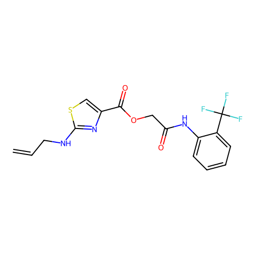 [2-oxo-2-[2-(trifluoromethyl)anilino]ethyl] 2-(prop-2-enylamino)-1,3-thiazole-4-carboxylate structure