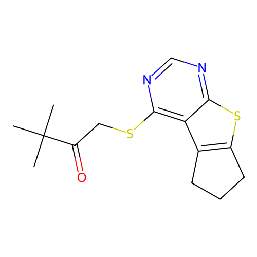 1-(7,8-dihydro-6H-cyclopenta[2,3]thieno[2,4-d]pyrimidin-1-ylsulfanyl)-3,3-dimethylbutan-2-one structure