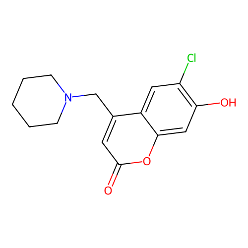 6-chloro-7-hydroxy-4-(piperidin-1-ylmethyl)-2H-chromen-2-one structure