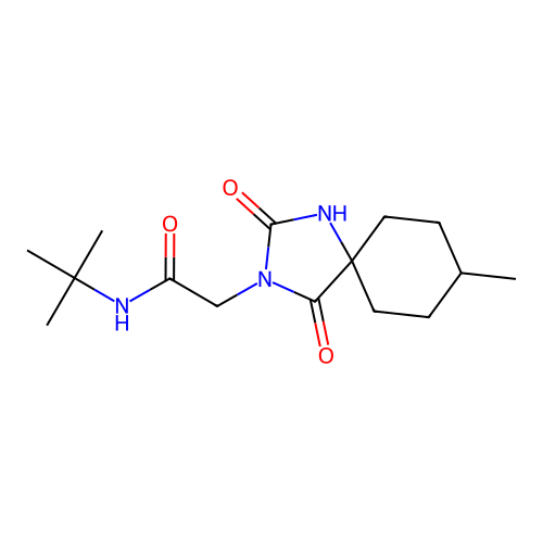 N-(tert-butyl)-2-(8-methyl-2,4-dioxo-1,3-diazaspiro[4.5]dec-3-yl)acetamide structure