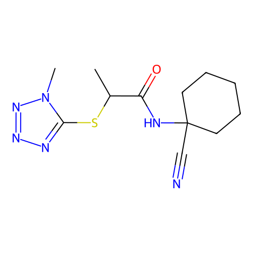 N-(1-cyanocyclohexyl)-2-(1-methyltetrazol-5-yl)sulfanylpropanamide structure