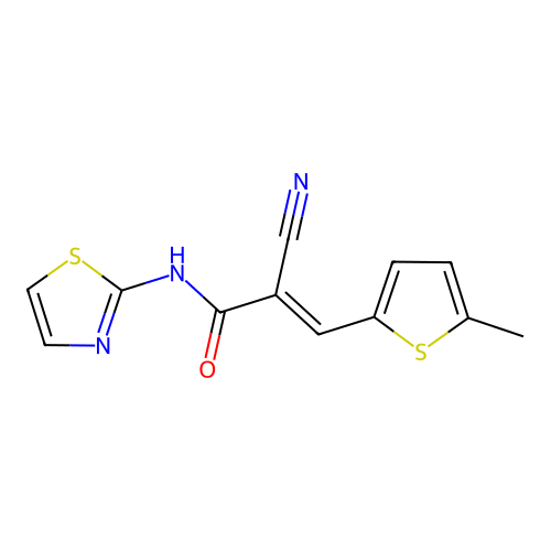 2-cyano-3-(5-methylthiophen-2-yl)-N-(1,3-thiazol-2-yl)prop-2-enamide structure