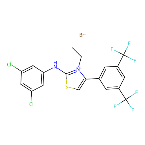 2-(3,5-dichloroanilino)-4-[3,5-di(trifluoromethyl)phenyl]-3-ethyl-1,3-thiazol-3-ium bromide structure