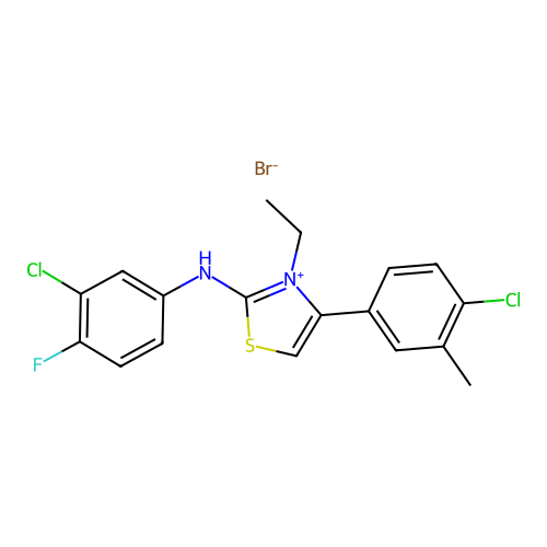 2-(3-chloro-4-fluoroanilino)-4-(4-chloro-3-methylphenyl)-3-ethyl-1,3-thiazol-3-ium bromide structure