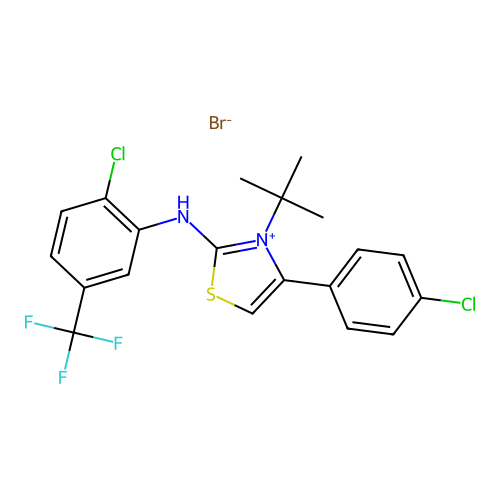 3-(tert-butyl)-4-(4-chlorophenyl)-2-[2-chloro-5-(trifluoromethyl)anilino]-1,3-thiazol-3-ium bromide structure