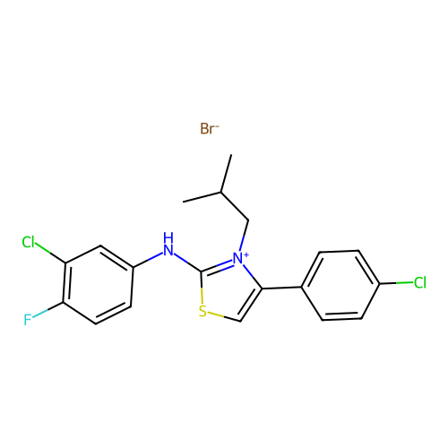 2-(3-chloro-4-fluoroanilino)-4-(4-chlorophenyl)-3-isobutyl-1,3-thiazol-3-ium bromide structure