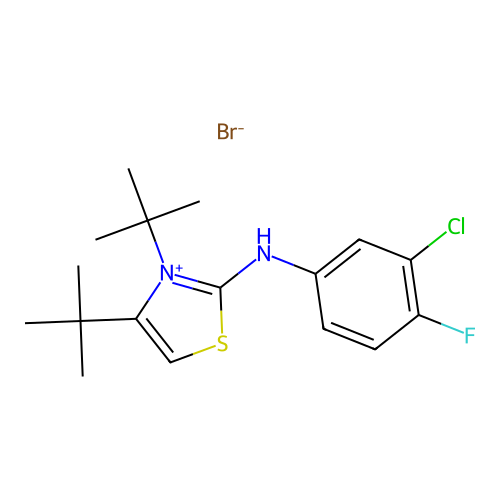 3,4-Di(tert-butyl)-2-(3-chloro-4-fluoroanilino)-1,3-thiazol-3-ium bromide structure