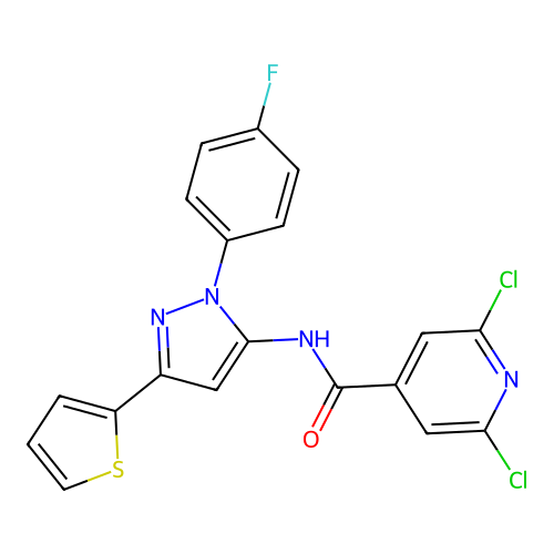 2,6-dichloro-N-[1-(4-fluorophenyl)-3-(2-thienyl)-1H-pyrazol-5-yl]isonicotinamide structure