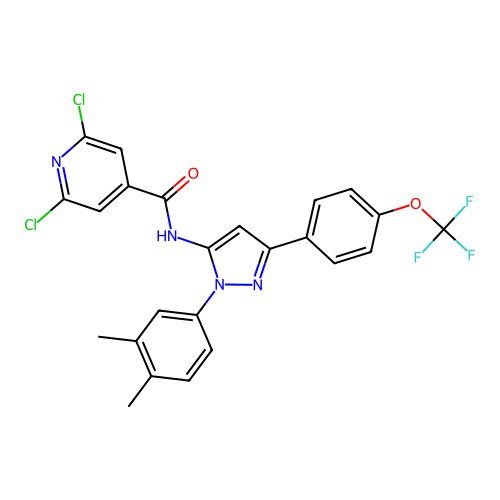 2,6-dichloro-N-[2-(3,4-dimethylphenyl)-5-[4-(trifluoromethoxy)phenyl]pyrazol-3-yl]pyridine-4-carboxamide structure
