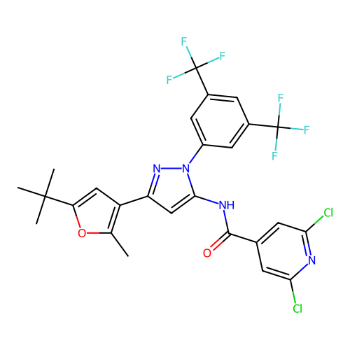N-{1-[3,5-bis(trifluoromethyl)phenyl]-3-[5-(tert-butyl)-2-methyl-3-furyl]-1H-pyrazol-5-yl}-2,6-dichloroisonicotinamide structure