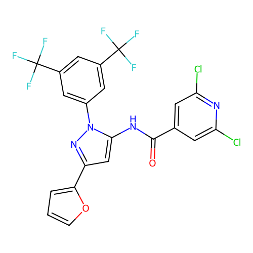 N-[1-[3,5-bis(trifluoromethyl)phenyl]-3-(2-furyl)-1H-pyrazol-5-yl]-2,6-dichloroisonicotinamide structure