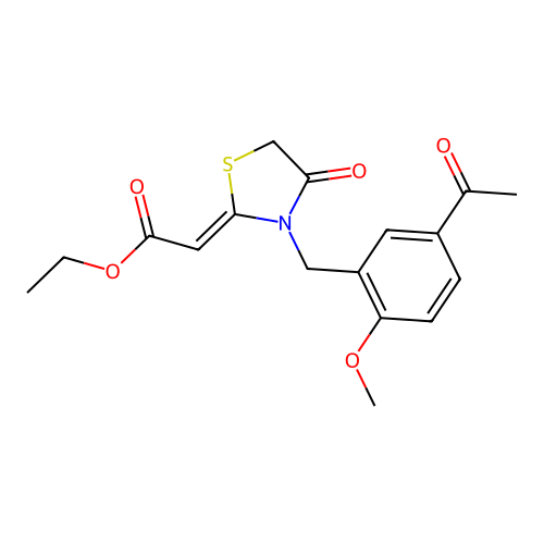 Ethyl (z)-2-(3-(5-acetyl-2-methoxybenzyl)-4-oxothiazolidin-2-ylidene)acetate structure
