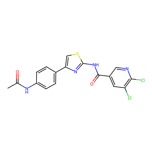 N-[4-(4-acetamidophenyl)-1,3-thiazol-2-yl]-5,6-dichloropyridine-3-carboxamide structure