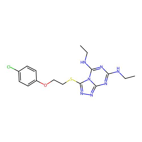3-{[2-(4-chlorophenoxy)ethyl]sulfanyl}-N5,N7-diethyl-[1,2,4]triazolo[4,3-a][1,3,5]triazine-5,7-diamine structure