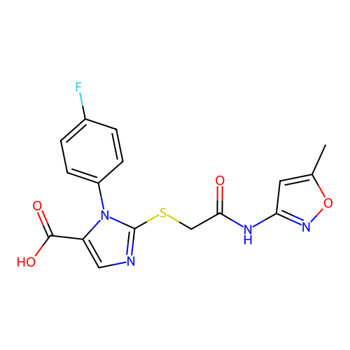 3-(4-fluorophenyl)-2-[2-[(5-methyl-1,2-oxazol-3-yl)amino]-2-oxoethyl]sulfanylimidazole-4-carboxylic acid structure