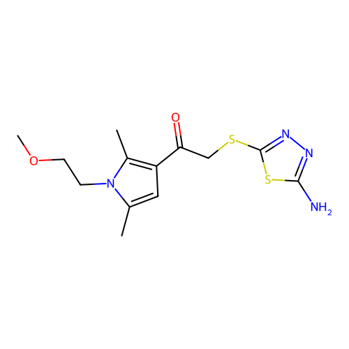 2-((5-amino-1,3,4-thiadiazol-2-yl)thio)-1-(1-(2-methoxyethyl)-2,5-dimethyl-1H-pyrrol-3-yl)ethanone structure